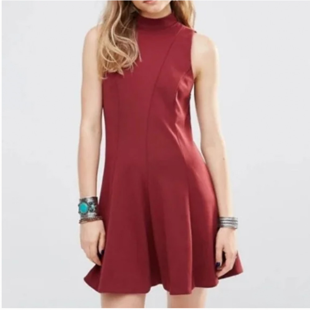 Free People Layla Fit-Flare Mini Skater Dress Women's Size Medium Burgundy